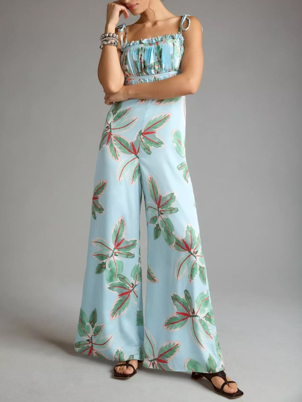 Anthropologie Hutch Ruched Satin Floral Leaf Wide Leg Blue Jumpsuit Size 2 XS